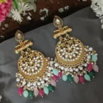 Gold Plated Kundan Earrings with Multicolor Beads