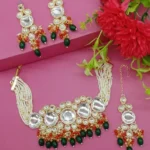 Green Glass Oval Drops With Colorfull Moti Lhariya Necklace Set.