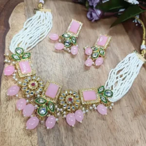 Pink & White Kundan and Moti Necklace Set